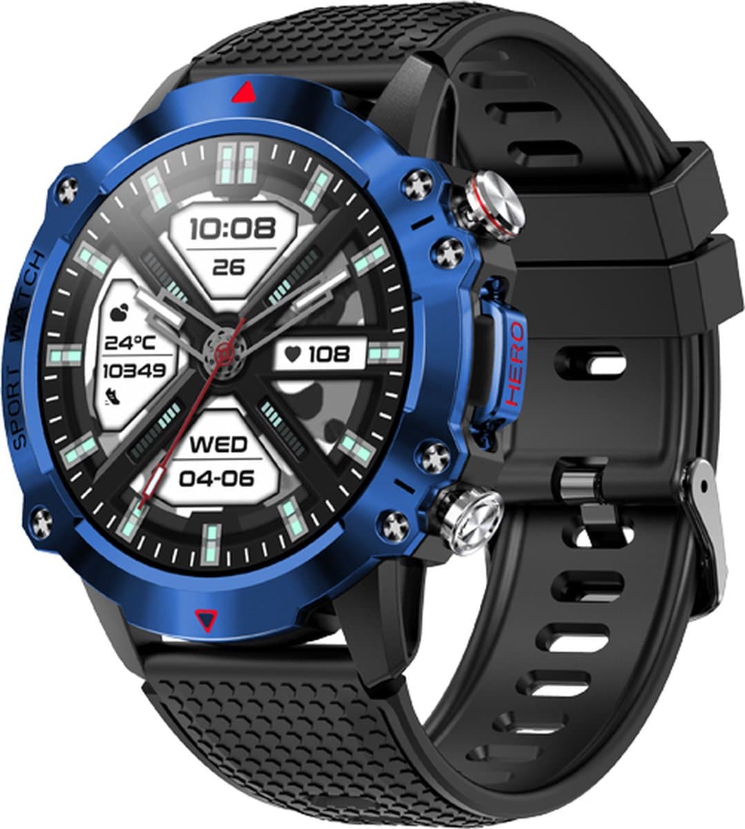 WizBay Premium Select® 1.39inch Sport Smartwatch Dames Heren TFT - Android en iOS - Bellen - Magnetic Laden - Slaap Hart Monitor - O2 Bloeddrukmeter - Sport Modi - Message - Smartwatches - Allu Mat Zwarte Case Blauwe Allu Rim - Zwarte TPU Band — afbeelding 1