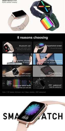 DrPhone CurvX - 3D Pixel Scherm - Smartwatch 44mm - 1.78 Inch 420*485 - ECG Fitness Tracker Hartslag - Leder Goud — thumbnail 2