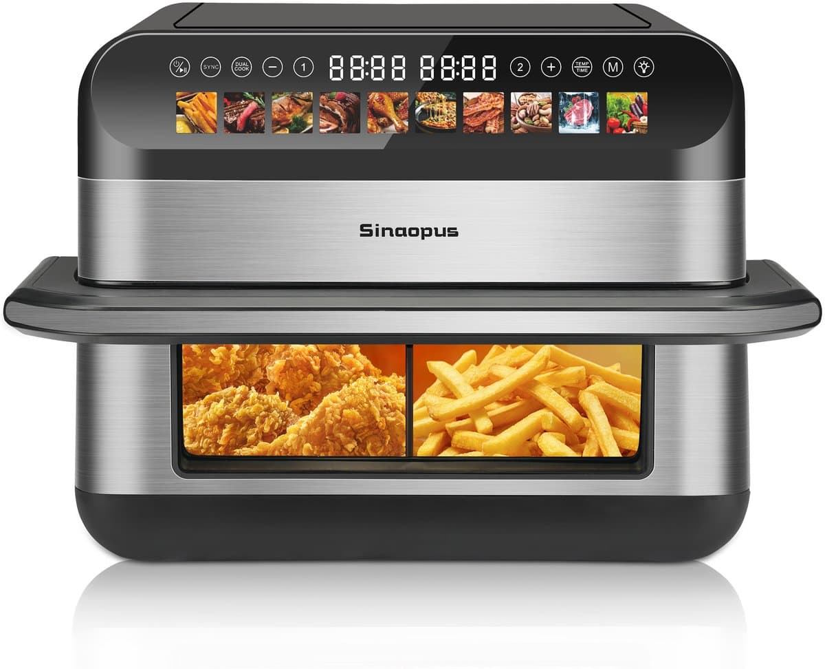 Digitale Airfryer XXL 10L Sinaopus 922 - Dubbele Mand met 2×5L - 2400W - 10 Programma’s - Smart Finish & Match Cook - 80–200°C Instelbaar - Onafhankelijke Bediening & Veilig Pauzesysteem - Automatische Keerherinnering & Binnenverlichting — afbeelding 1
