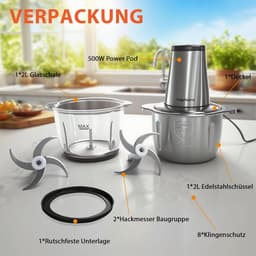 Krachtige Keukenmachine Hakmolen met 2 Liter Glazen en Stalen Kom — thumbnail 4