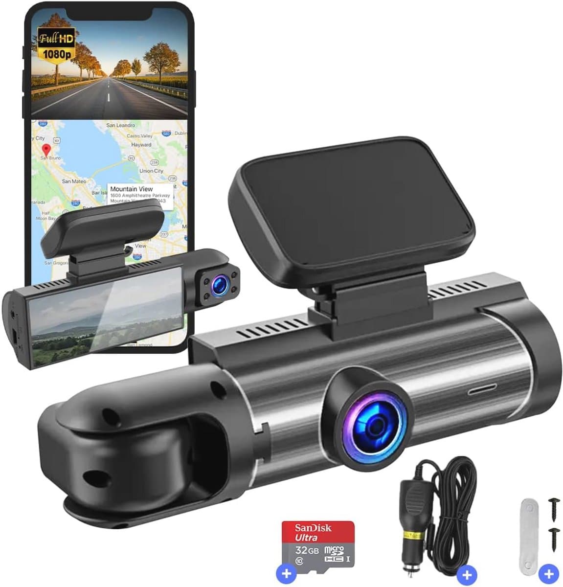 Dashcam voor auto - Dual Lens - WIFI & APP - Full HD - 170° Groothoek - Beweging Detectie & Parkeer Modus - G-Sensor - Loopopname - Micro SD 32GB — afbeelding 1
