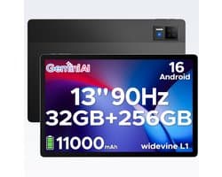 DOOGEE U13 - Tablet - 32GB RAM + 256GB ROM/2TB - Android 16 - 13 inch 90Hz FHD - Gemini AI - 11000mAh/18W - 4 luidsprekers - 13MP + 5MP - 2.4G/5G WiFi - Widevine L1 - Bluetooth 5.0 - OTG - GPS - Face ID - Zwart