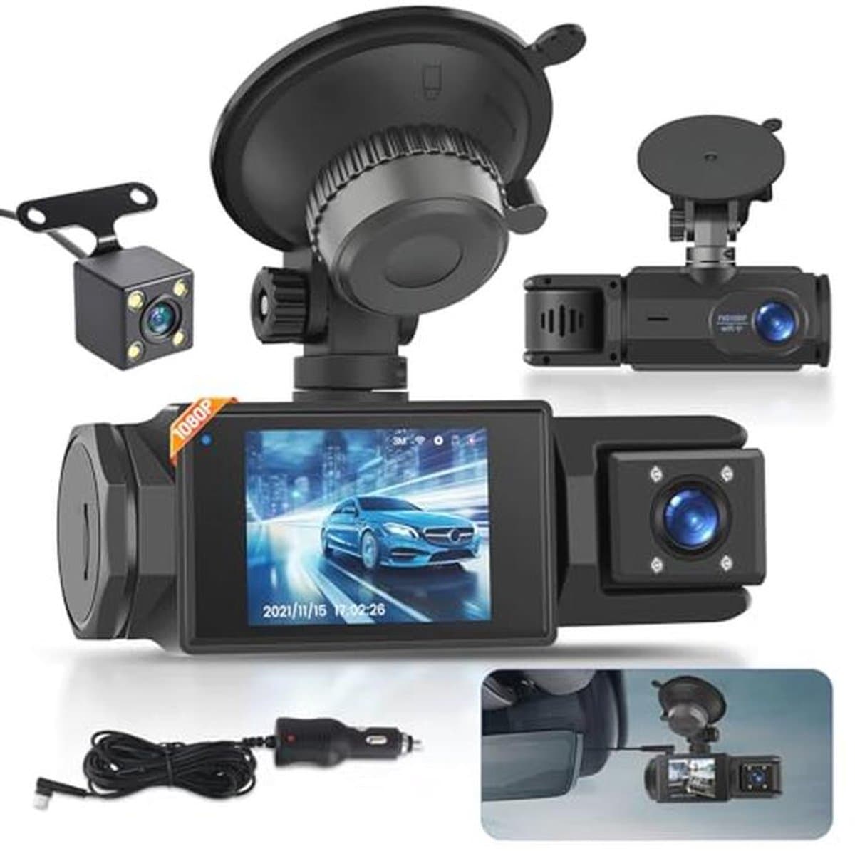 Dash Cam 1080P met 3 Kanalen, WiFi en Nachtzicht - Volledige HD Autobewakingscamera — afbeelding 1