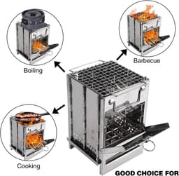 Houten brandende vouw-camping oven, RVS roosters, draagbare vouw-rugzak oven, wandelen, outdoor tent, kamperen, picknick, barbecue, — thumbnail 2