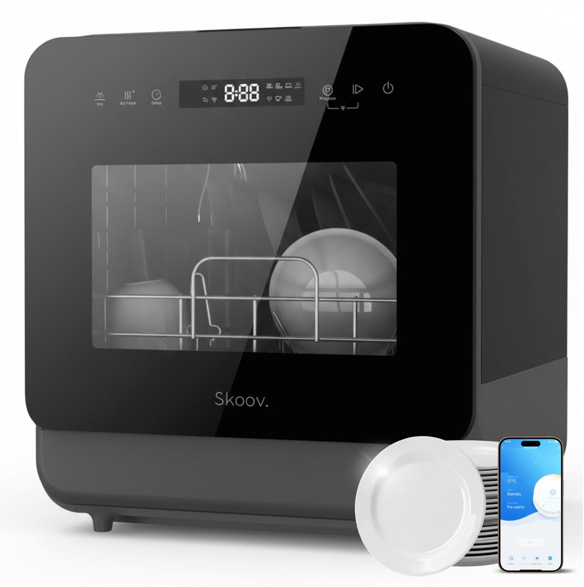 Skoov Vrijstaande mini vaatwasser met waterreservoir - Afwasmachine vrijstaand - Dishwasher - Vaatwas - Met bestekmand - Kleine vaatwasmachine - Smalle - Tafel - Camping - Zwart - Compact - 3 Couverts - 7 wasprogramma’s — afbeelding 1