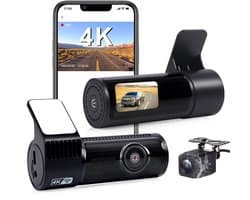 Dashcam voor en achter, 4K met wifi-autocamera loopopname, G-sensor, app-bediening, super nachtzicht, 170 graden + 140 graden groothoek, veiligere supercondensator