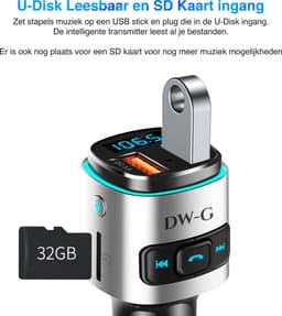 DW-G Bluetooth FM Transmitter - Auto Lader - Carkit - Handsfree - MP3 - USB - SD Kaart - Snel Lader - Audio Receiver — thumbnail 4
