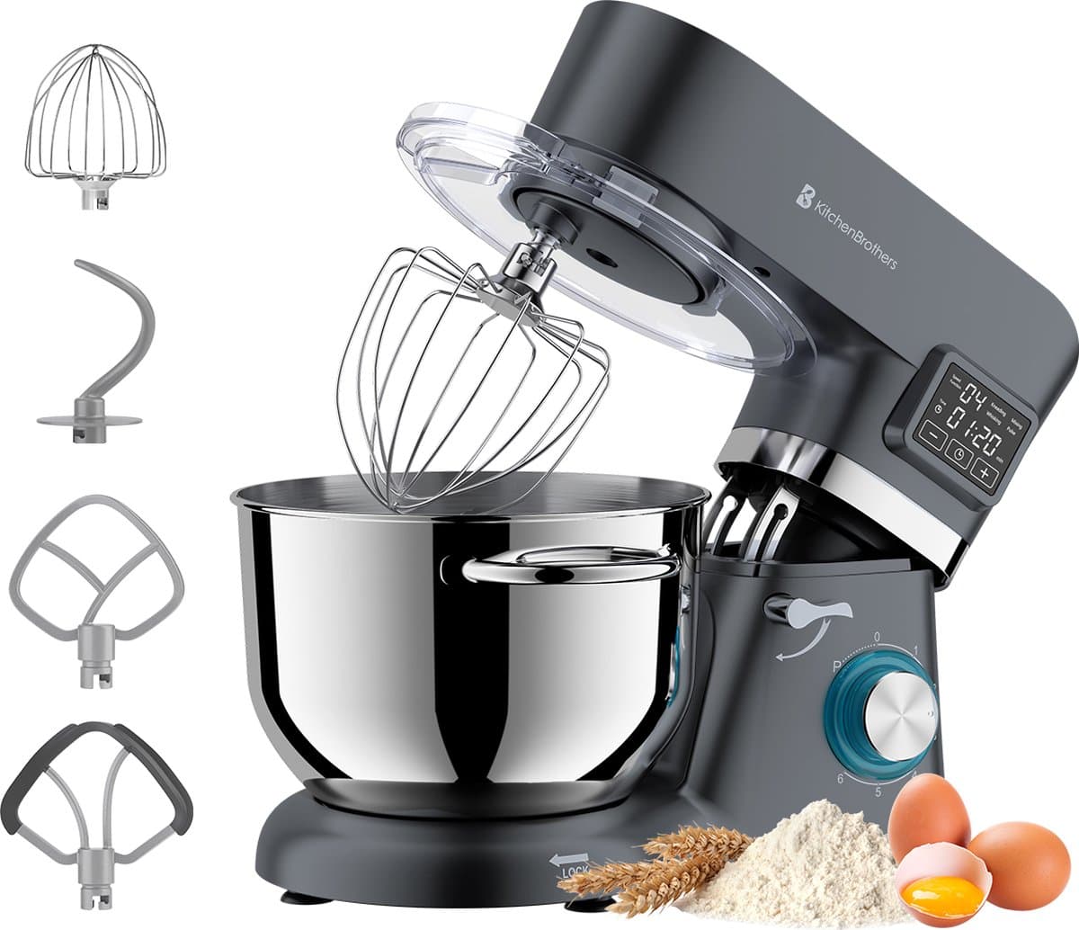 KitchenBrothers Keukenrobot - Keukenmachine - Touch Display en Timer - BPA-vrij - 6,2L - Keukenmixer - 1400W - Antraciet — afbeelding 1