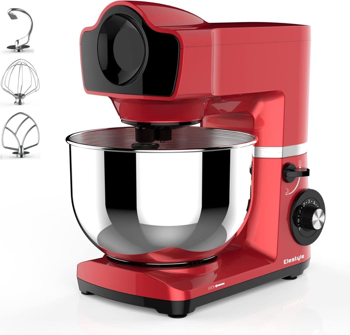 Keukenmachine - 1500 Watt - RVS Mengkom (6 L) – Keukenrobot – Mixer - 6 Snelheden - Met Garde, Deeghaak en Menghaak - Antislip - Rood — afbeelding 1