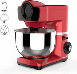 Keukenmachine - 1500 Watt - RVS Mengkom (6 L) – Keukenrobot – Mixer - 6 Snelheden - Met Garde, Deeghaak en Menghaak - Antislip - Rood — thumbnail 1