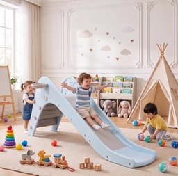 Kinderglijbaan voor binnen, jaar, 190 cm, kinderglijbaan met basketbalkorb en beugel, trapglijbaan, kunststof tuinglijbaan, outdoor glijbaan voor kinderspeelplaats, blauw-grijs — thumbnail 3