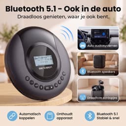 Sencision Draagbare CD Speler met Bluetooth 5.1 - Discman - CD Speler Bluetooth - USB-C Oplaadbaar - Anti-Shock - Oordopjes en Opberghoes - Zwart — thumbnail 2
