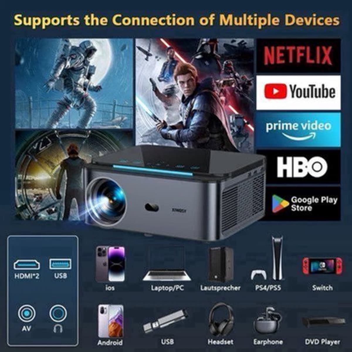 Xiwbsy - Beamer - Projector Beamer - Projector 4k - 1080P - Automatische focus - met WiFi 6 - 25000 Lumens - Buiten- en thuisprojector - Android 4K - Zwart — afbeelding 1