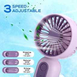 Set van 7 mini draagbare ventilatoren, schattig en lichtgewicht, compact en draagbaar, 3 windsnelheden, USB oplaadbaar, unisex, geschikt voor make-up binnen en buiten en op reis (roze en paars). — thumbnail 4