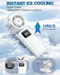 Handventilator met nevel - 65,5 × 54 × 175 mm - Draagbaar - 3600 mAh - Oplaadbaar - 5 windsnelheden - Opvouwbaar - Ideaal voor buitenactiviteiten, reizen, strand, kamperen, golfen - Wit — thumbnail 2