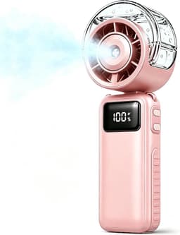 Handventilator met nevel - 65,5 × 54 × 175 mm - Draagbaar - 3600 mAh - Oplaadbaar - 5 windsnelheden - Opvouwbaar - Ideaal voor buitenactiviteiten, reizen, strand, kamperen, golfen - Roze — thumbnail 1