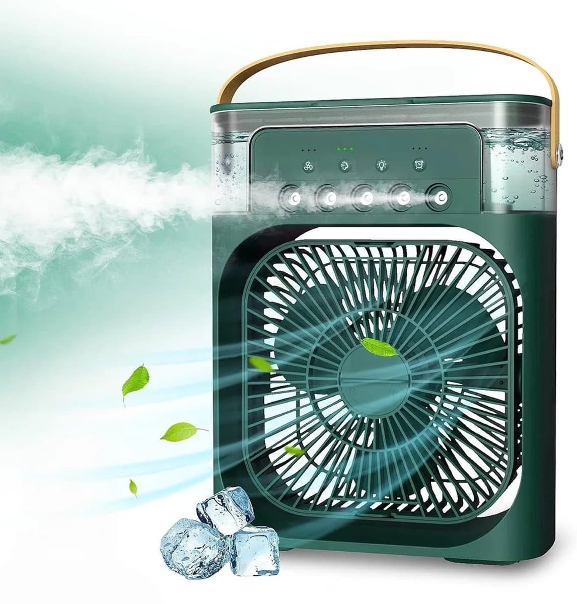 Deze draagbare 4-in-1 airconditioner combineert airconditioning, ventilator, drie ventilatorsnelheden, timer, luchtbevochtiger (600 ml waterreservoir), USB-oplaadfunctie, luchtkoeling en stille werking – alles in één milieuvriendelijk ontwerp. — afbeelding 1