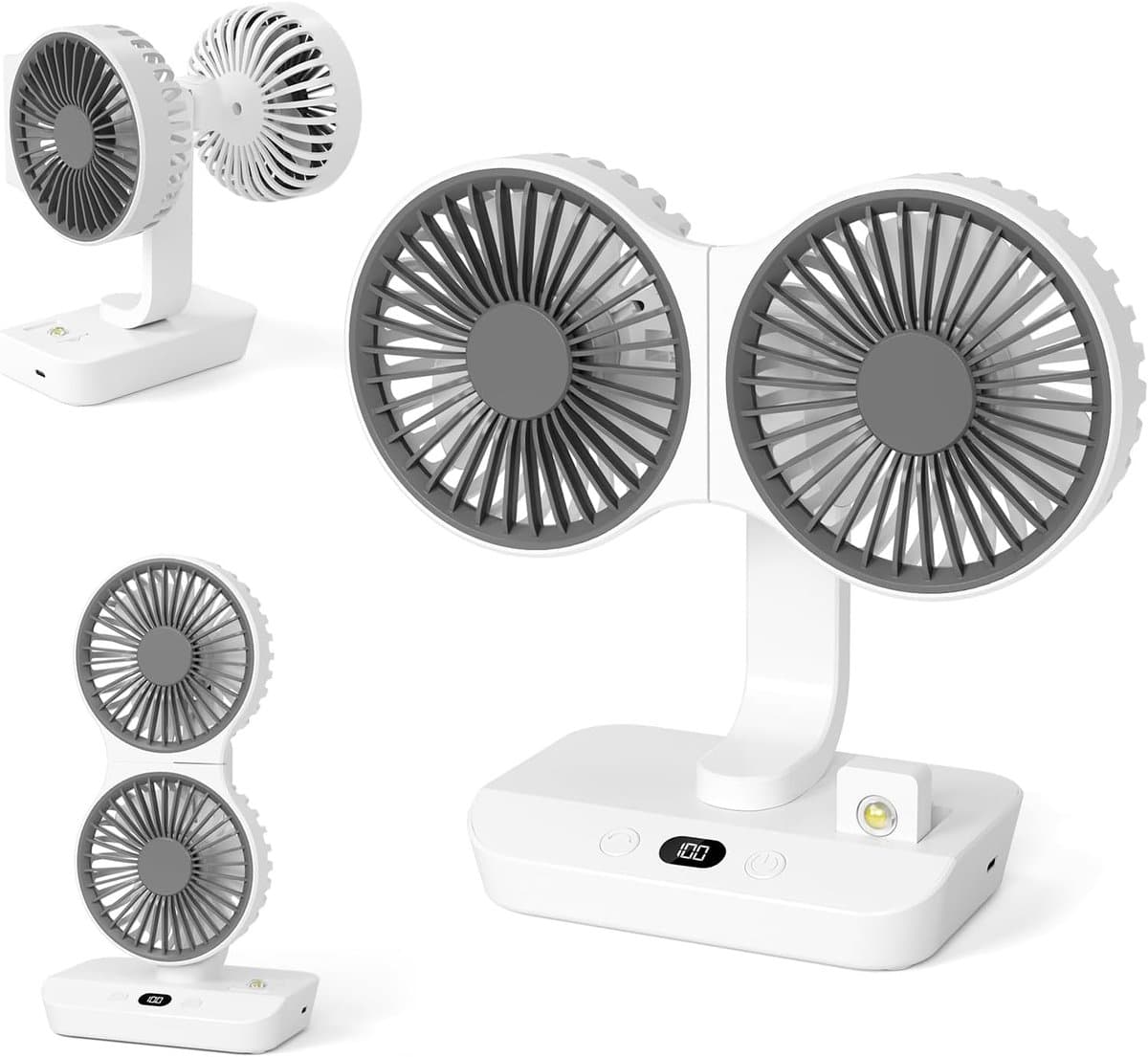 LISM - Dubbele tafelventilator met LED-verlichting, oplaadbare draagbare miniventilator via USB, stille tafel- en wandventilator, draaibaar in meerdere hoeken, vier snelheden, Geschikt voor slaapkamers, huizen, kantoren en kamperen. — afbeelding 1