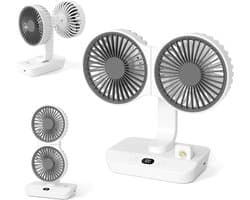 LISM - Dubbele tafelventilator met LED-verlichting, oplaadbare draagbare miniventilator via USB, stille tafel- en wandventilator, draaibaar in meerdere hoeken, vier snelheden, Geschikt voor slaapkamers, huizen, kantoren en kamperen.