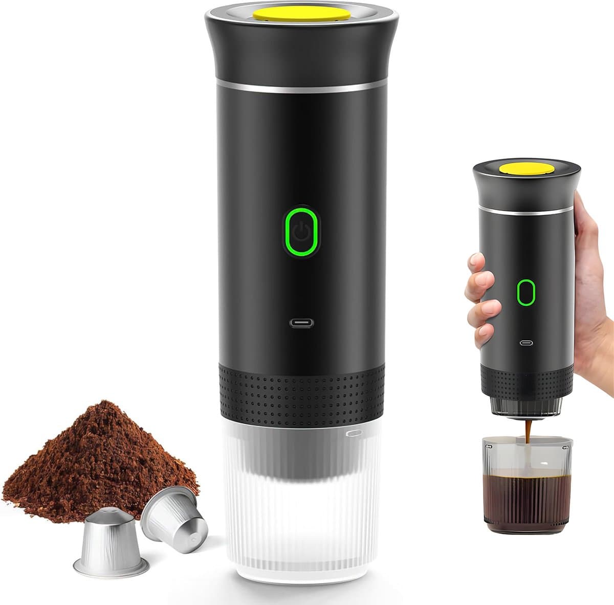 Draagbare Koffiemachine 3-in-1 Capsule – Nespresso & Dolce Gusto & Koffiepoeder Compatibel – USB-C Oplaadbaar 3×2500mAh Powerbank – 60ml Espressomachine Koffiezetapparaat Camping Auto Kantoor Reizen Trein – Zwart Snoerloos — afbeelding 1