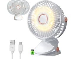 USB-bureauventilator, kleine bureauventilator met vijf snelheden, 360° draaibaar, met LED-verlichting, draagbare ventilator, geschikt voor kantoor, thuis, slaapkamer, auto, buitenkamperen, wit.