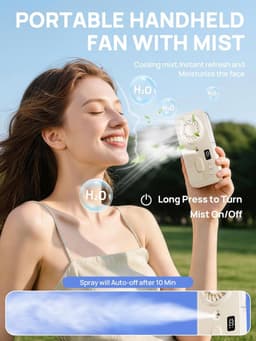 Draagbare Handheld Misting Ventilator, Oplaadbare Mini Persoonlijke Ventilator met 4 snelheden, Lichtgewicht Reis Koeling Spray Hand Ventilator, Rustige werking voor buiten, Camping — thumbnail 2