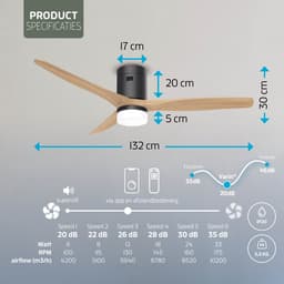 Varin® Smart Plafondventilator met verlichting - Ø 132cm - Zwart/Lichthout - LED CCT 18W - Super stil 20dB - 6 snelheden - Woonkamer - Slaapkamer - Tuya WiFi - App & Afstandsbediening — thumbnail 5