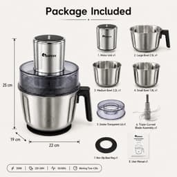 Elektrische Hakmolen 350W – Foodprocessor met 3 RVS Kommen – 2 Snelheden – 2,5L – Voor Vlees & Groenten — thumbnail 4