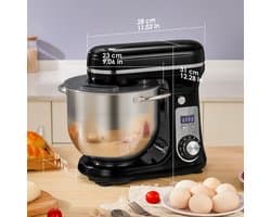 Keukenmachine 6L - 1200W - Staande Mixer - RVS Mengkom - 6 Snelheden + Pulse - LED Display - Inclusief Garde, Deeghaak & Platte Menghaak - Zwart