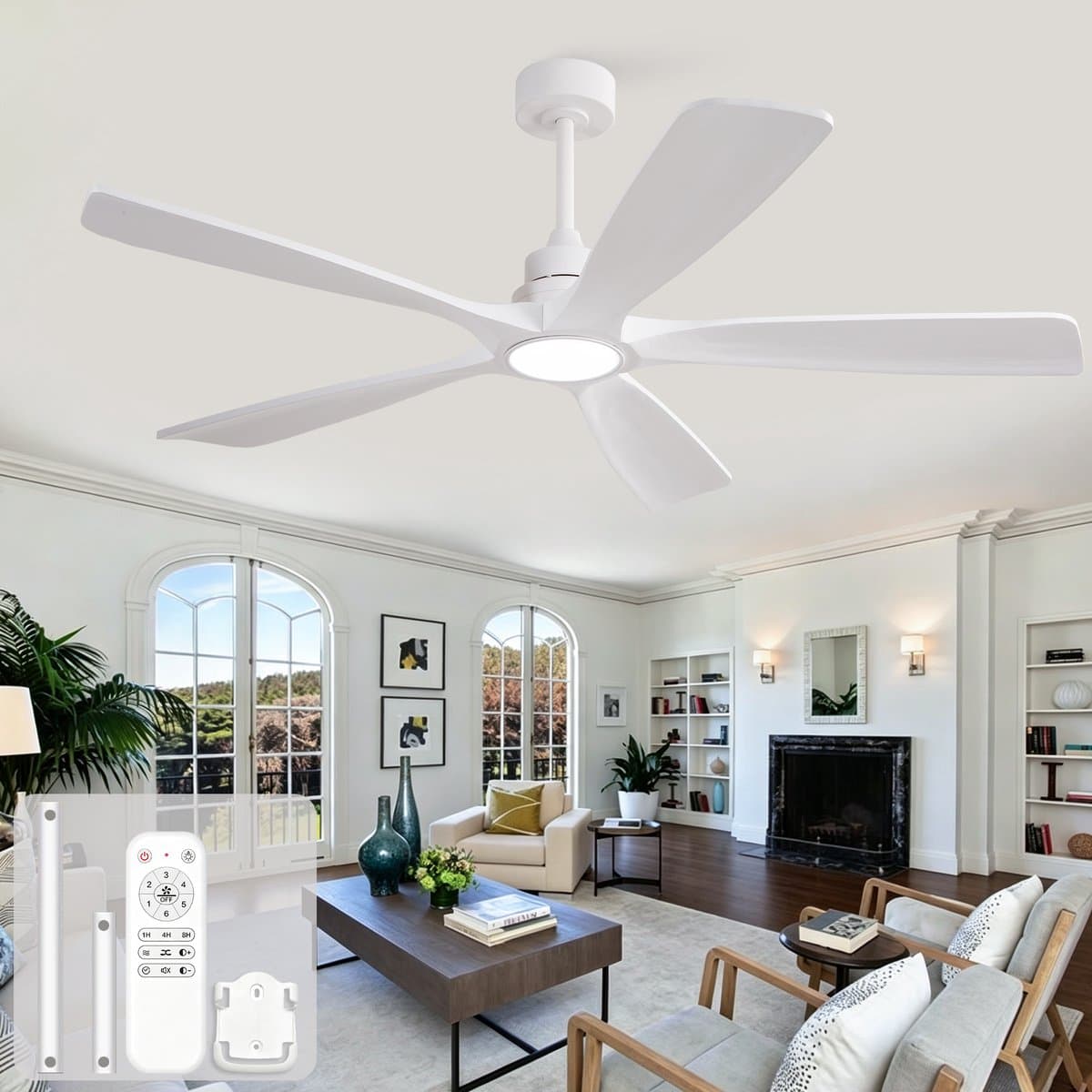 60 inch Witte Plafondventilator - Draadloze Afstandsbediening - 3 Kleurtemperaturen (CCT) - Dimbaar - 6 Snelheden met Geheugenfunctie - 5 Massief Houten Bladen met Versterkte Constructie — afbeelding 1