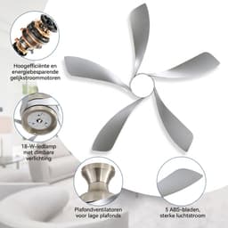 Plafondventilator Met Lamp - 5 ABS Bladen - Ø 132 cm - Dimbare lamp - Met Afstandsbediening - 6 ventilatorstanden - LED's Light - Zilver — thumbnail 2