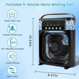 Draagbare airconditioner met ventilator, mini-verdampingskoeler met 5 sproeimondstukken, 3 windsnelheden, 3 timers, 7 kleuren LED-verlichting, 600 ml persoonlijke airconditioner/ventilator voor slaapkamer, kantoor en camping (zwart) — thumbnail 5