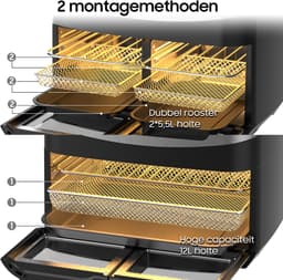 Airfryer - 12L Grote capaciteit – 2600W Multifunctionele Heteluchtfriteuse met Dubbele Zone Onafhankelijk Koken - Verwijderbare Tussenwand - Dubbel Gelijktijdig Koken - Met Kijkvenster - 10 Vooraf ingestelde Menu's - 50–200°C — thumbnail 2