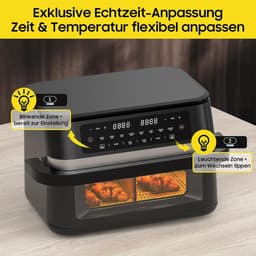 Heteluchtfriteuse Dubbele Zone - Airfryer met Scheidingswand - Flexibel Koken - Groot Kijkvenster - 11 Liter - Zwart — thumbnail 2