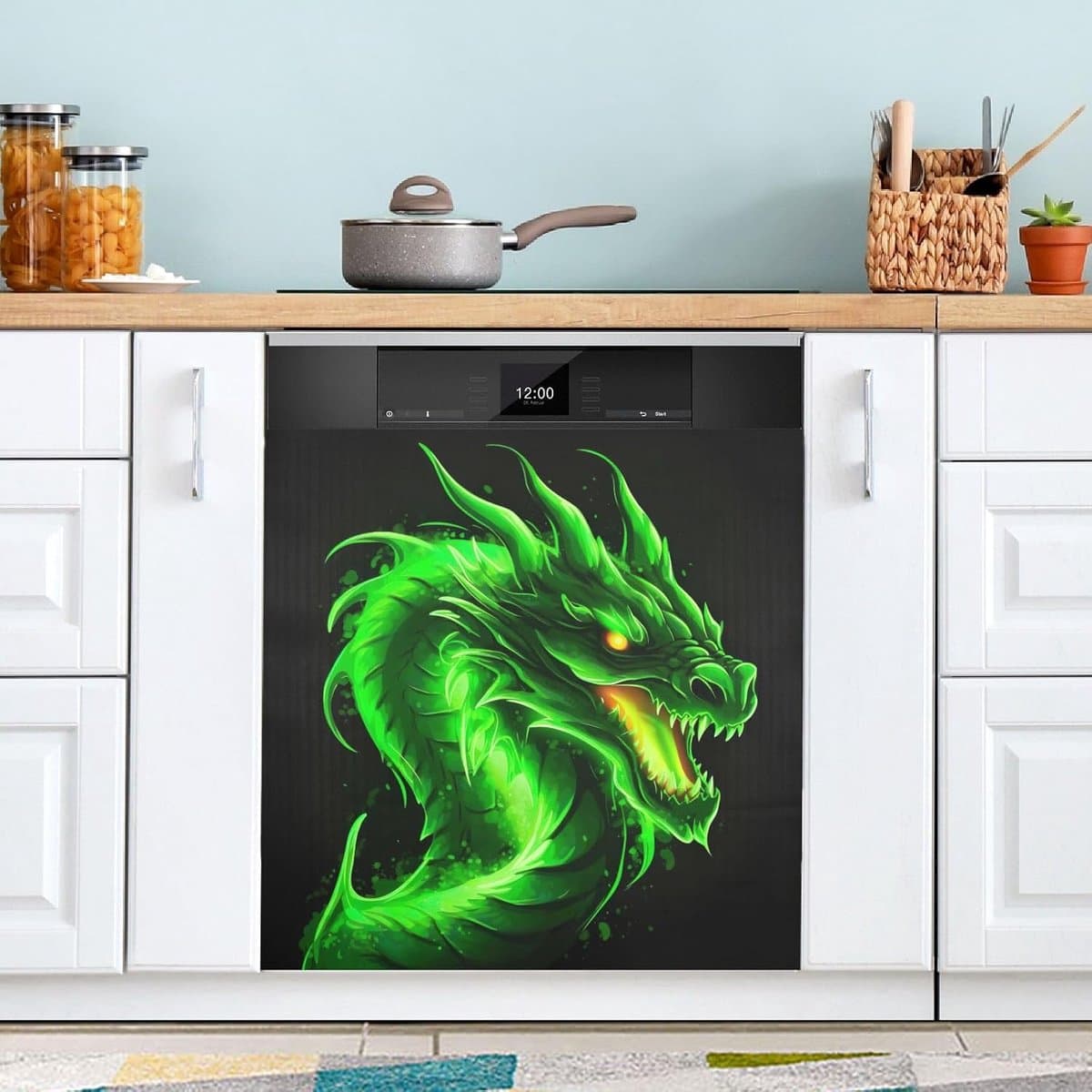Vaatwasser Magneet Covers - Keuken Decor - Keuken Opfrissen - Eenvoudig Verwijderbaar - 23 x 26 Inch - Groene Vuur Draak — afbeelding 1