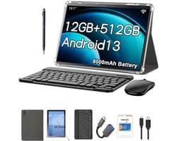 SnelShoppen - Android Tablet 10.1 Inch met 12GB RAM, 512GB ROM, 1280x800 IPS HD Touch Screen, 8000mAh Batterij, Bluetooth en Triple Camera - Ideaal vo
