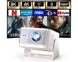 SnelShoppen - Mini Projector 4K & 8K Ondersteuning - 1080P Full HD Beamer - Draaibaar 180° - Auto Focus & Keystone - Wifi 6 & BT 5.4 - Ideaal voor Sla