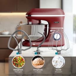 SnelShoppen - Keukenmachine 2000W RVS Mengkom 6,2 L - Keukenmixer met Roerhaak, Kneedhaak, Klopborstel, Spatbescherming en Extra Accessoires - Rood — thumbnail 2