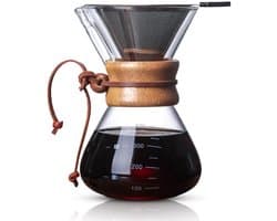 Dailygoods- Koffiezetapparaat 800 ml - Dubbel Filter - Glazen Koffie Karaf - V-vormige Tuit - Hittebestendige Houten Hoes - Nauwkeurige Schaalverdeling - Koffiekan