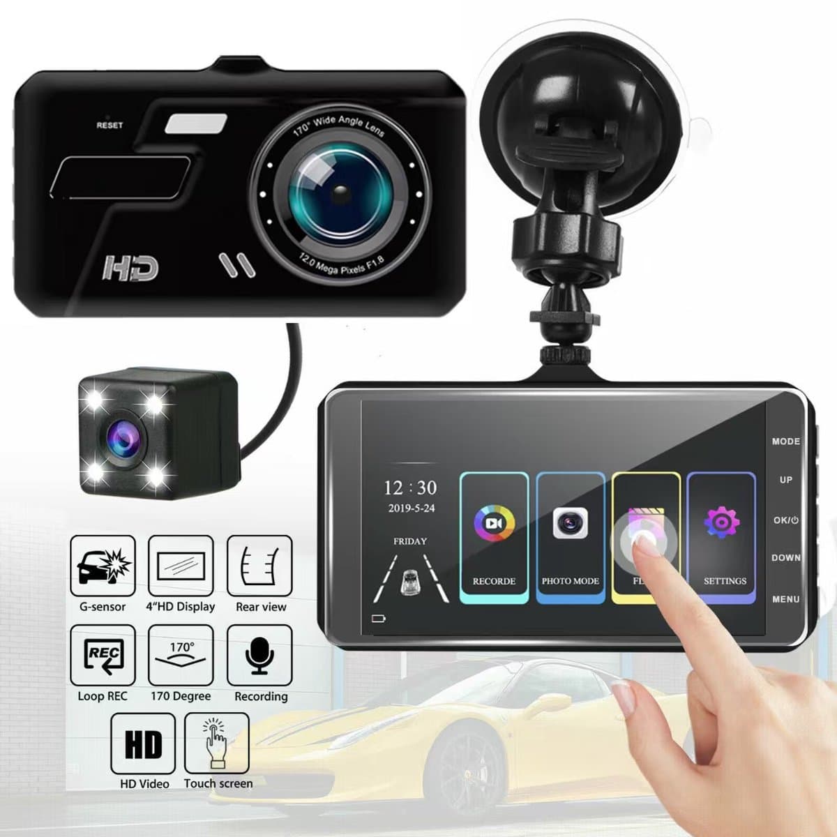 Autodashcam met twee camera's - Opnames voor en achter - Full HD - Parkeerbewakingsmodus - 170° groothoeklens — afbeelding 1