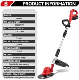 Cventrix Borstelloze elektrische grasmaaier, Grasmaaier, Electrische grasmaaier, 10 inch, Grastrimmer, 4000W, Inclusief Accu en oplader. — thumbnail 1