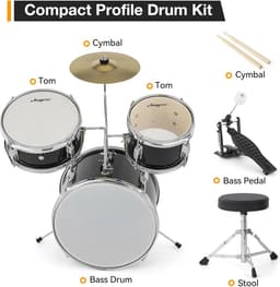 Compleet 3-Delig Kinder Drumstel - Zwart - Inclusief Krukje, Pedaal en Drumstokken - Voor Beginners — thumbnail 4