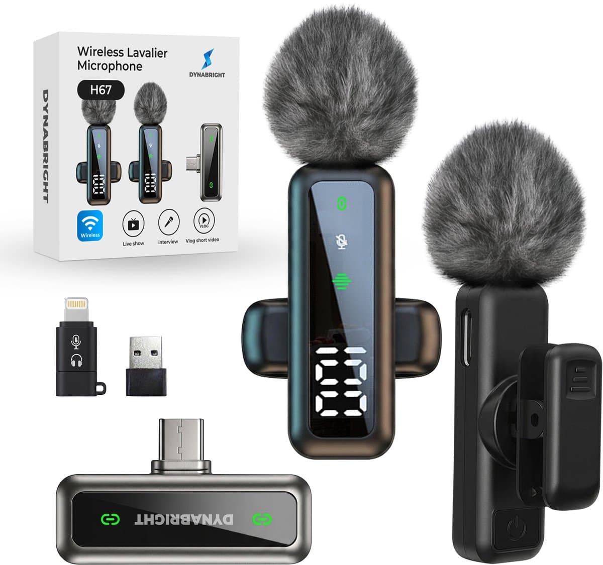 Dynabright Draadloze Microfoon Pro - 2 Stuks - Lavalier - USB-C/Lightning - Windshields - 30m Bereik - Dasspeld - Ruisonderdrukking - Plug & Play - Voor Smartphone, Tablet & Laptop — afbeelding 1