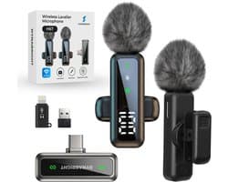 Dynabright Draadloze Microfoon Pro - 2 Stuks - Lavalier - USB-C/Lightning - Windshields - 30m Bereik - Dasspeld - Ruisonderdrukking - Plug & Play - Voor Smartphone, Tablet & Laptop