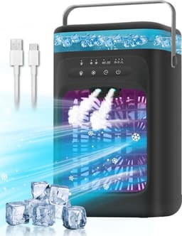 Ulisem - Draagbare airconditioner - Verdampingskoeler - 3 snelheden en 2 miststanden - 120° oscillerend - 7-kleuren nachtlampje - 2/4 uur timer - 1L tank - Type-C - Stil (35dB) - Zwart — thumbnail 1