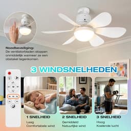 MUPOO E27 Plafondventilator met Lamp Ø52 cm - Ventilatorlamp met Afstandsbediening - 3 Kleurtemperaturen - 3 Snelheden - Timer en Geheugenfunctie - Stil DC Motor -Voor Slaapkamer Kinderkamer- Wit — thumbnail 5