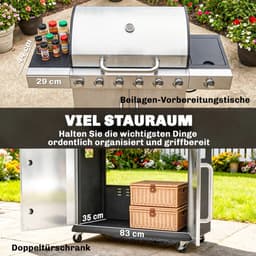 Gasbarbecue - Gasbarbecue en grill - 6+1 Branders - 18,6 kW - Grillwagen - Barbecuewagen - met Grillrooster, Wielen, Bijzettafels, Slangen, Thermometer en Warmhoudplaten - 142 x 49 x 111 cm - Zwart + Zilver — thumbnail 5