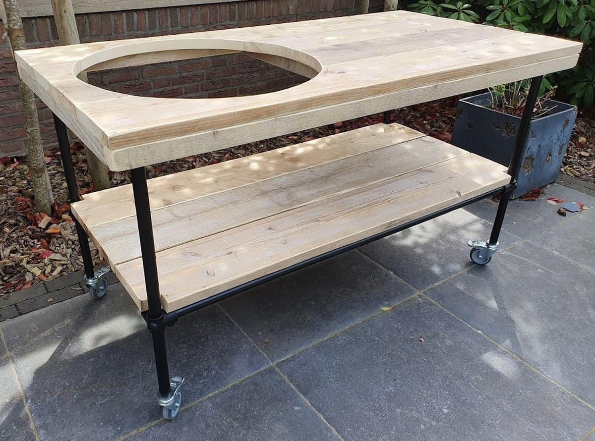Buitenkeuken | 140x70cm | Gat 58cm | Wielen | Zwart Staal en Hout | BBQ Tafel | Kamado Tafel | Barbecue | Big Green Egg | Bastard | Grill Guru | Kamado Joe | Ombouw | Onderstel | Geschikt voor vele modellen — afbeelding 1