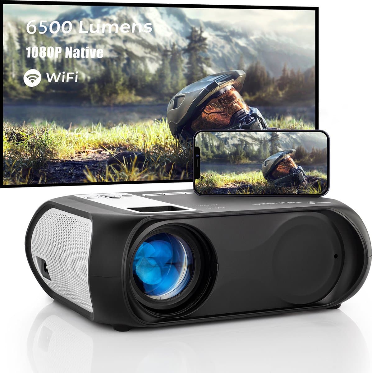 Beamer met afstandsbediening, 1080P Ondersteund LED Wifi projector met luidspreker 16:9 — afbeelding 1