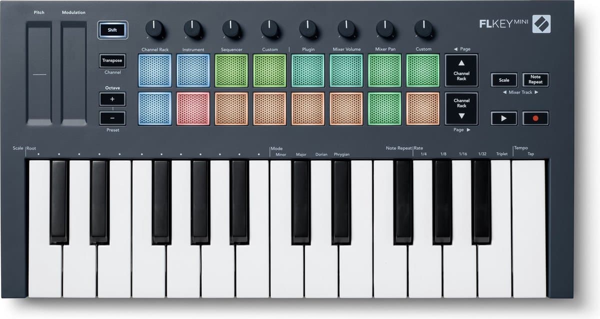 Novation Launchkey Mini 25 MK4 - MIDI Keyboard Controller - 2 Octaven Mini-Toetsen - 16 FSR Drumpad - 8 Encoders - OLED Display - USB-C - DAW Integratie — afbeelding 1